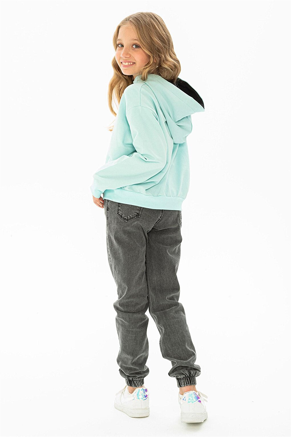 Girl's Mint Colored Sleeve Detailed Meow Printed Hooded Sweatshirt