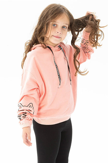 Girl's Salmon Colored Sleeve Detailed Meow Printed Hooded Sweatshirt