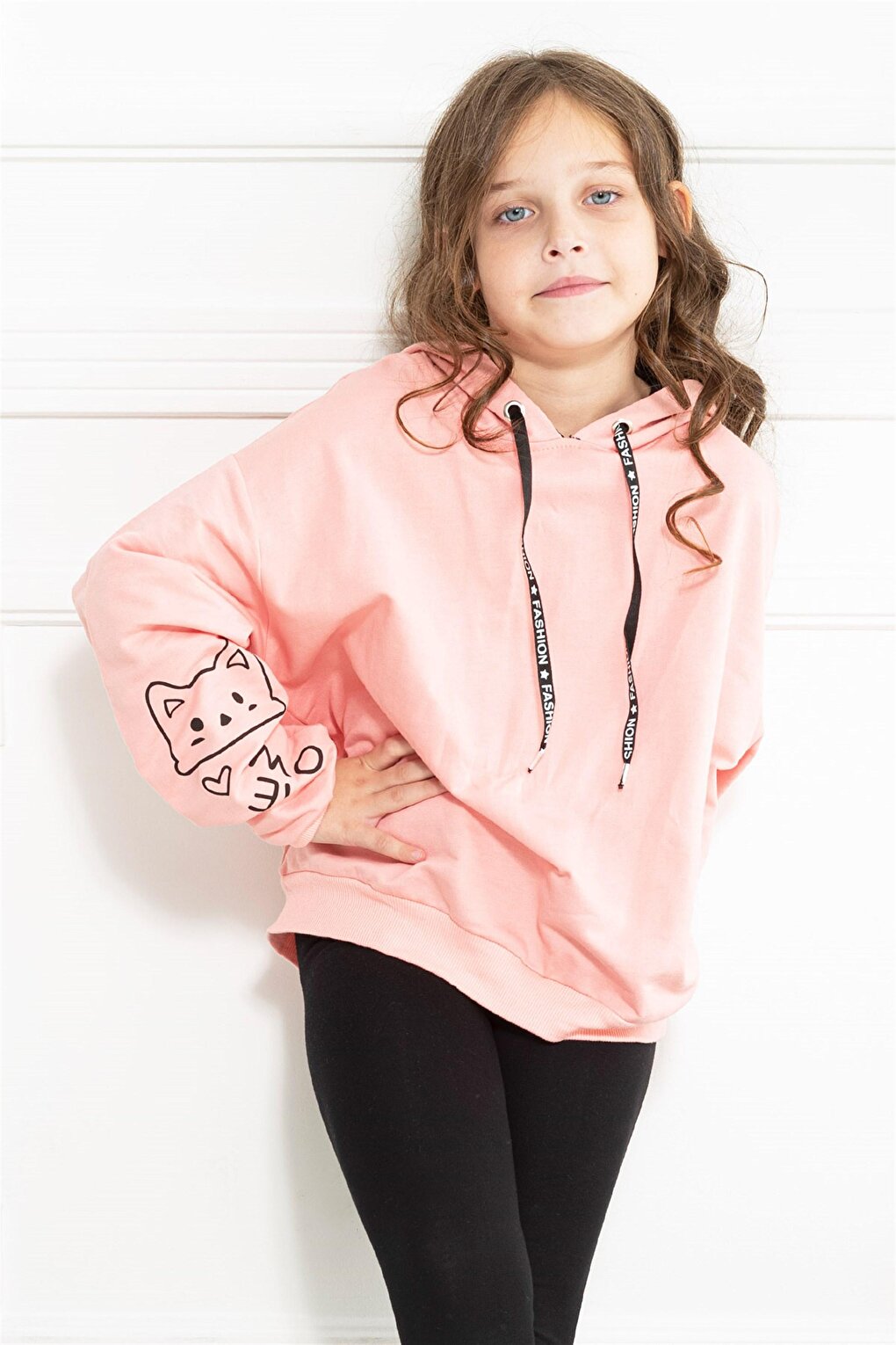 Girl's Salmon Colored Sleeve Detailed Meow Printed Hooded Sweatshirt