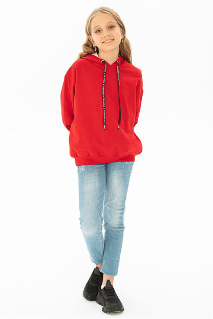 Girl's Red Colored Sleeve Detailed Meow Printed Hooded Sweatshirt