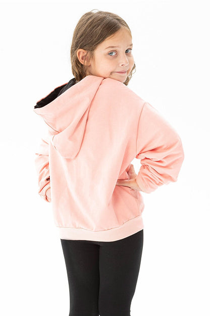 Girl's Salmon Colored Sleeve Detailed Meow Printed Hooded Sweatshirt