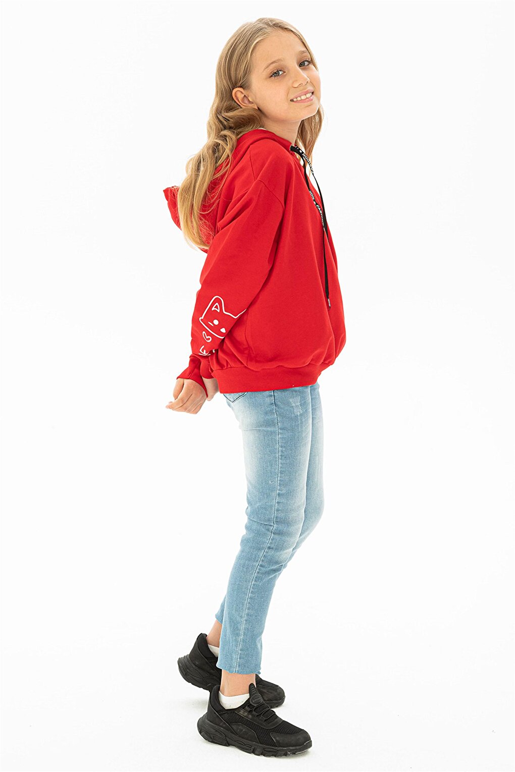 Girl's Red Colored Sleeve Detailed Meow Printed Hooded Sweatshirt