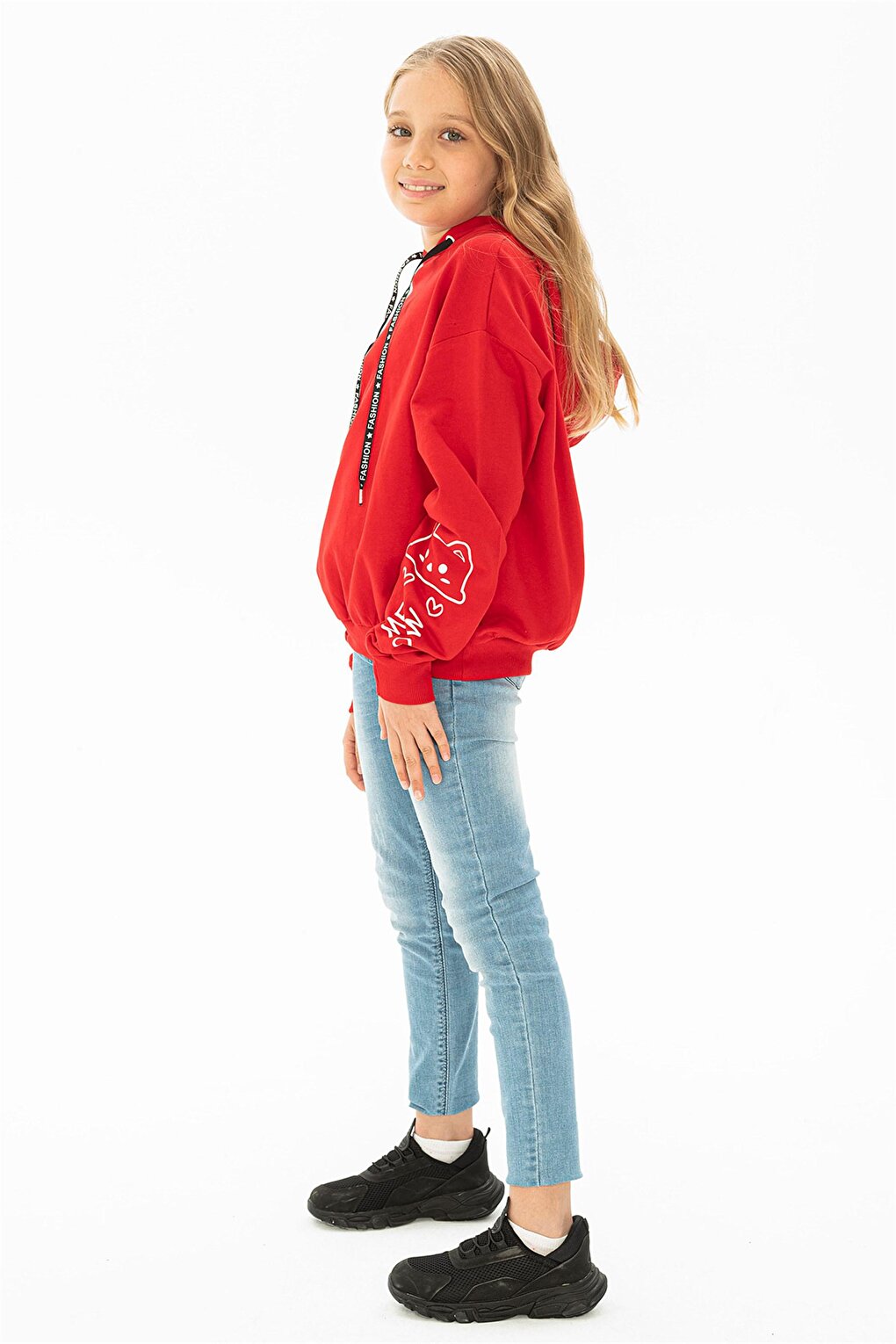 Girl's Red Colored Sleeve Detailed Meow Printed Hooded Sweatshirt