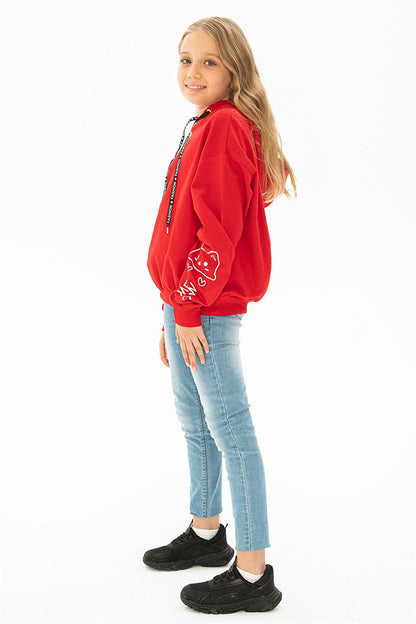 Girl's Red Colored Sleeve Detailed Meow Printed Hooded Sweatshirt