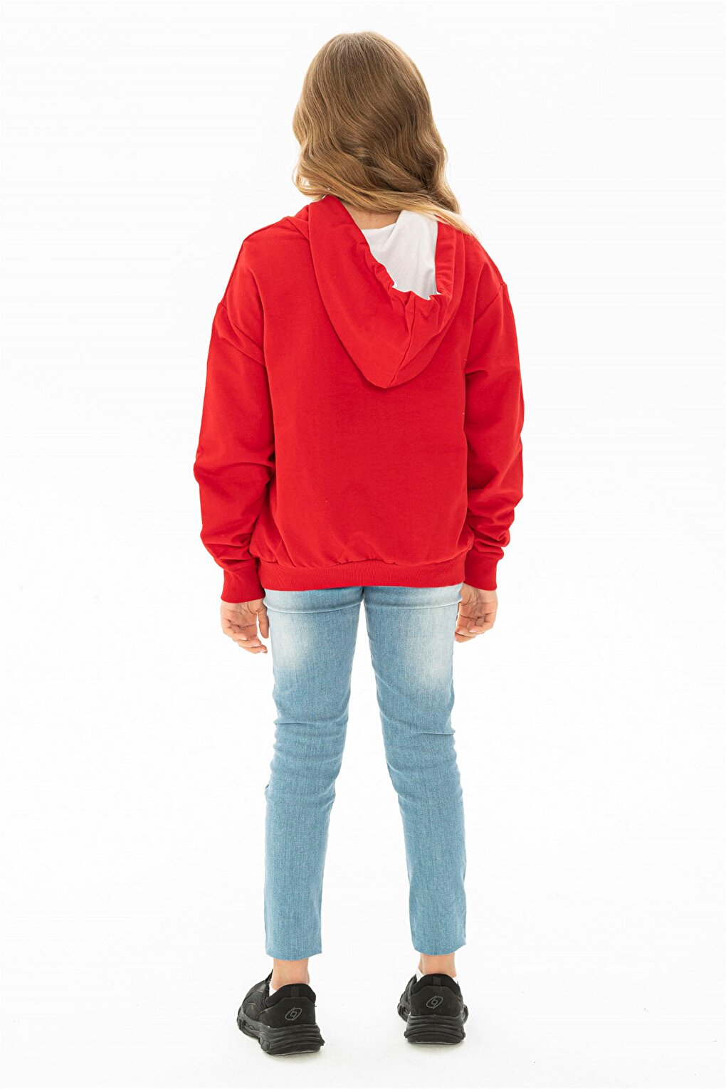 Girl's Red Colored Sleeve Detailed Meow Printed Hooded Sweatshirt