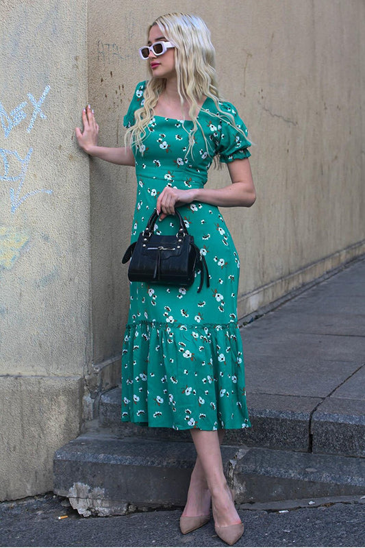 Green Floral Patterned Balloon Sleeve Midi Dress MG1820