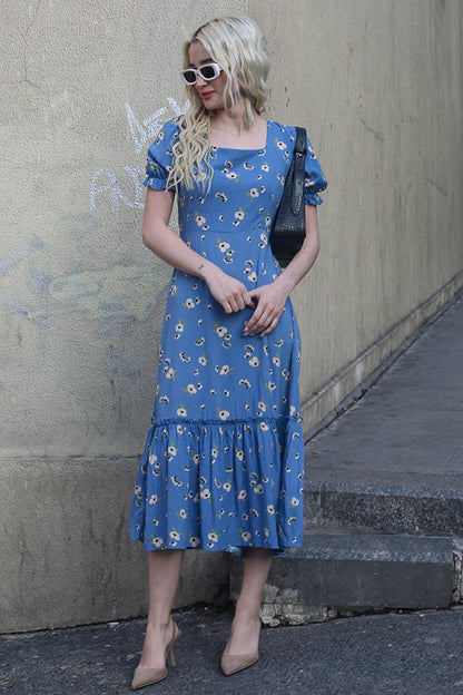 Blue Floral Patterned Balloon Sleeve Midi Dress MG1820