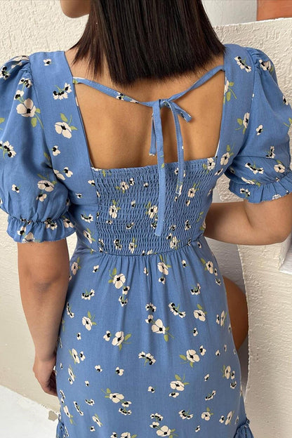 Blue Floral Patterned Balloon Sleeve Midi Dress MG1820