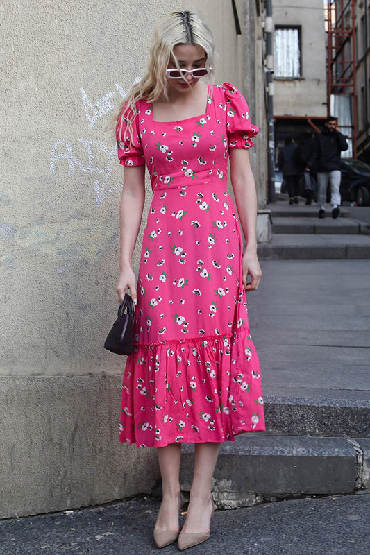 Pink Floral Patterned Balloon Sleeve Midi Dress MG1820