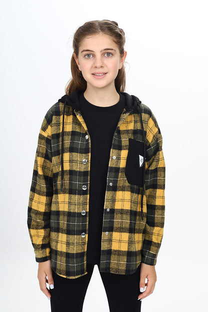 Girl's Garnished Hooded Plaid Shirt 9-14 Years Lx265