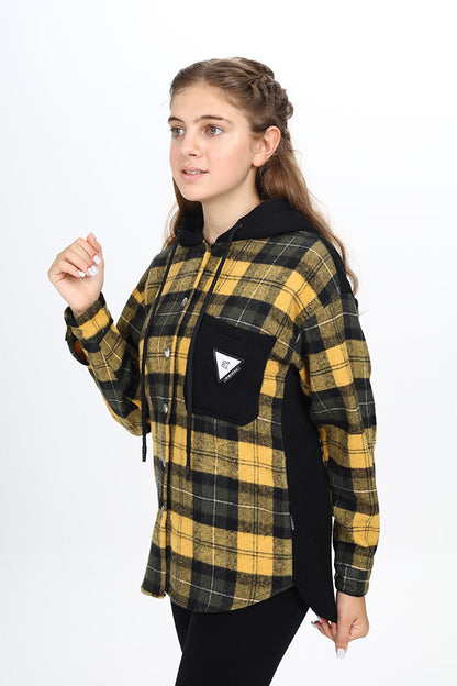 Girl's Garnished Hooded Plaid Shirt 9-14 Years Lx265