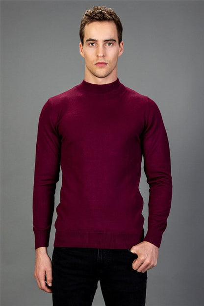 Slim Fit Half Turtleneck Plain Men's Claret Red Sweater