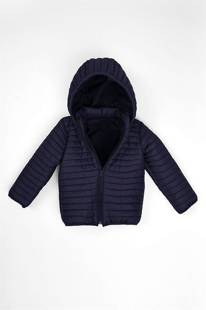 Boy's Navy Blue Colored Hooded Coat with Fleece Inside