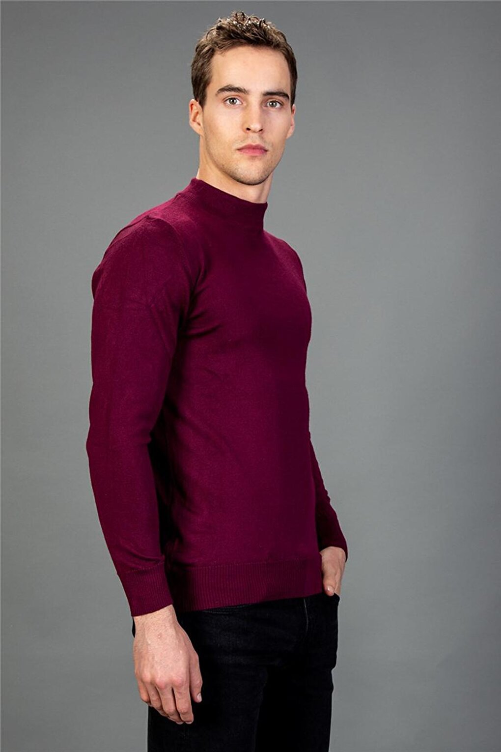 Slim Fit Half Turtleneck Plain Men's Claret Red Sweater