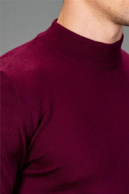 Slim Fit Half Turtleneck Plain Men's Claret Red Sweater