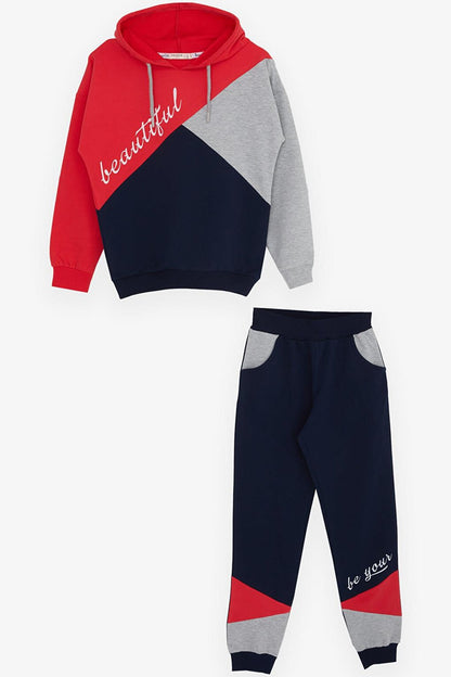 Girl's Tracksuit Set Hooded Text Printed Pomegranate (Age 5-9)