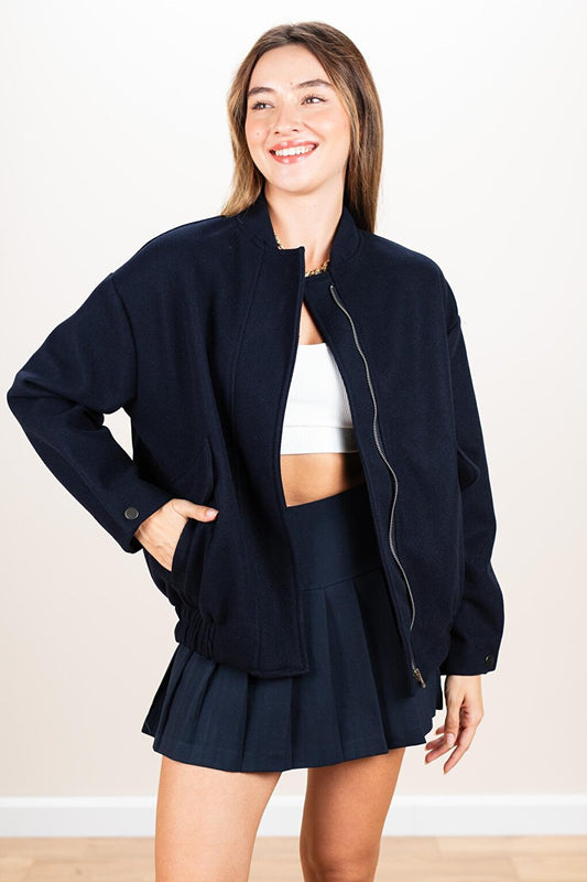 Women's Navy Blue Six Elastic Bomber Cashmere Coat