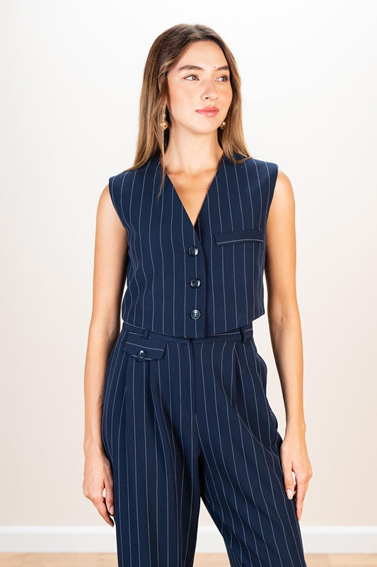 Women's Navy Blue Striped Classic Vest