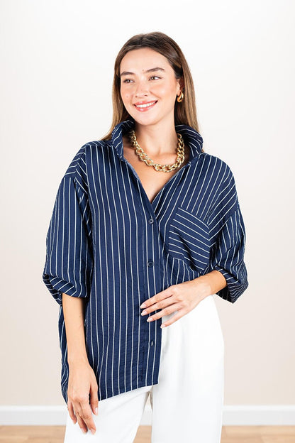 Women's Navy Blue Striped Oversize Casual Shirt