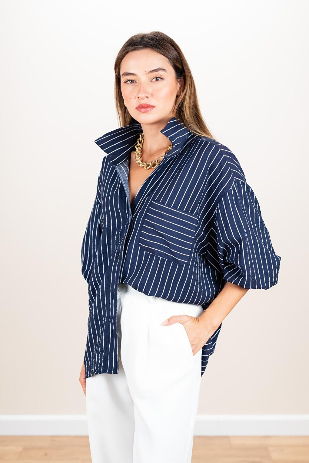 Women's Navy Blue Striped Oversize Casual Shirt