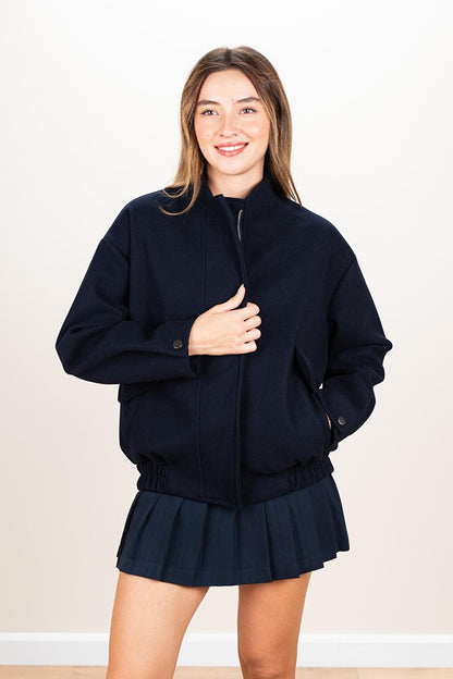 Women's Navy Blue Six Elastic Bomber Cashmere Coat