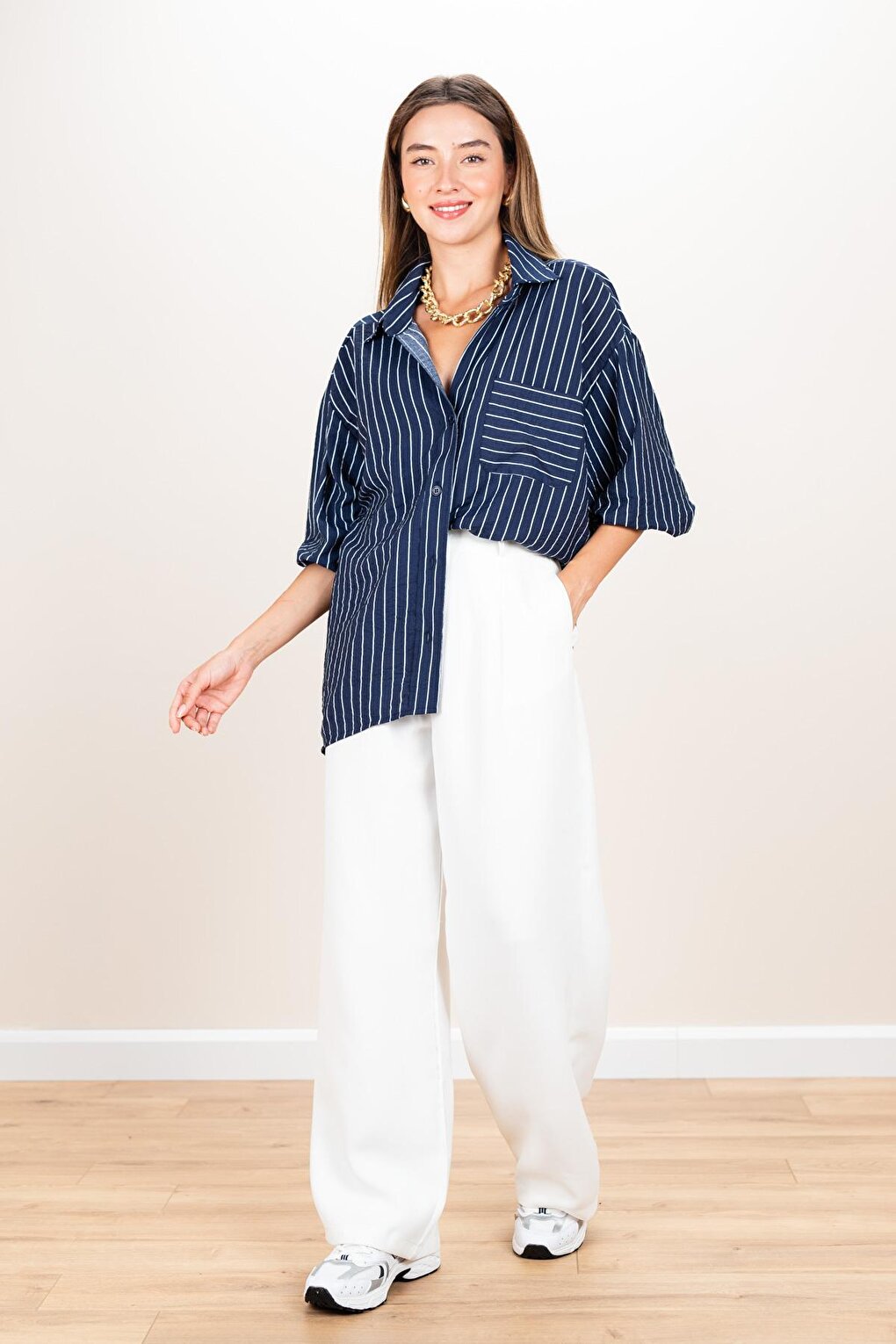 Women's Navy Blue Striped Oversize Casual Shirt