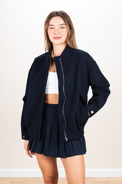 Women's Navy Blue Six Elastic Bomber Cashmere Coat