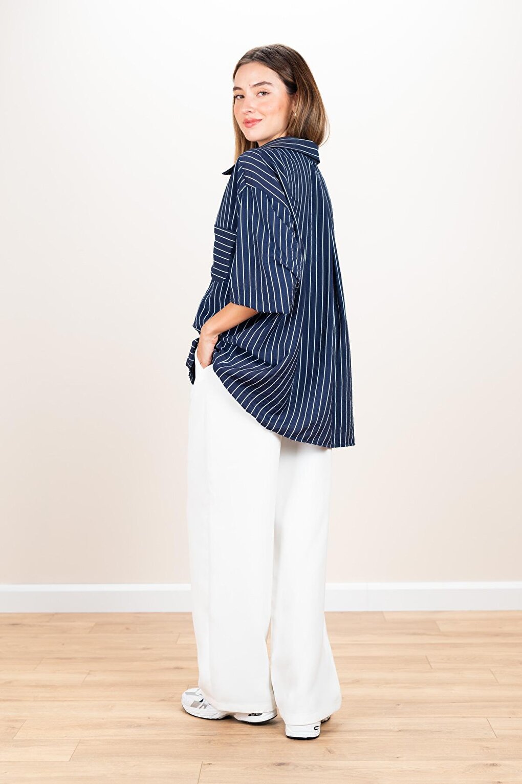 Women's Navy Blue Striped Oversize Casual Shirt