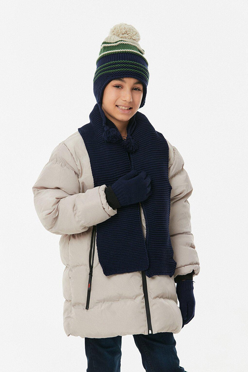 Striped Boy's Scarf, Beret and Gloves Set