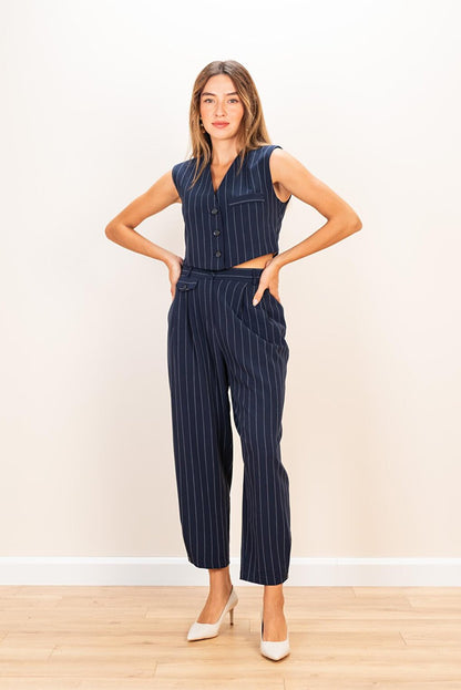 Women's Navy Blue Striped Carrot Leg Detail Trousers