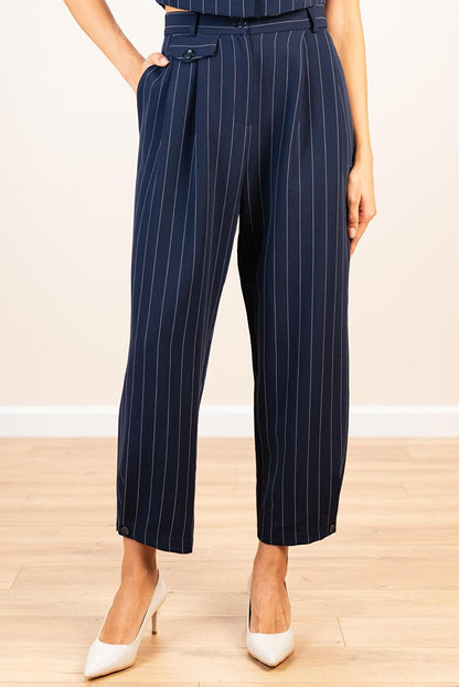 Women's Navy Blue Striped Carrot Leg Detail Trousers