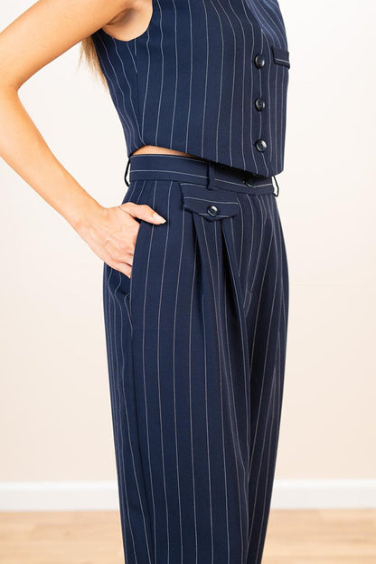 Women's Navy Blue Striped Carrot Leg Detail Trousers