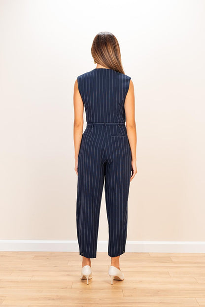 Women's Navy Blue Striped Carrot Leg Detail Trousers