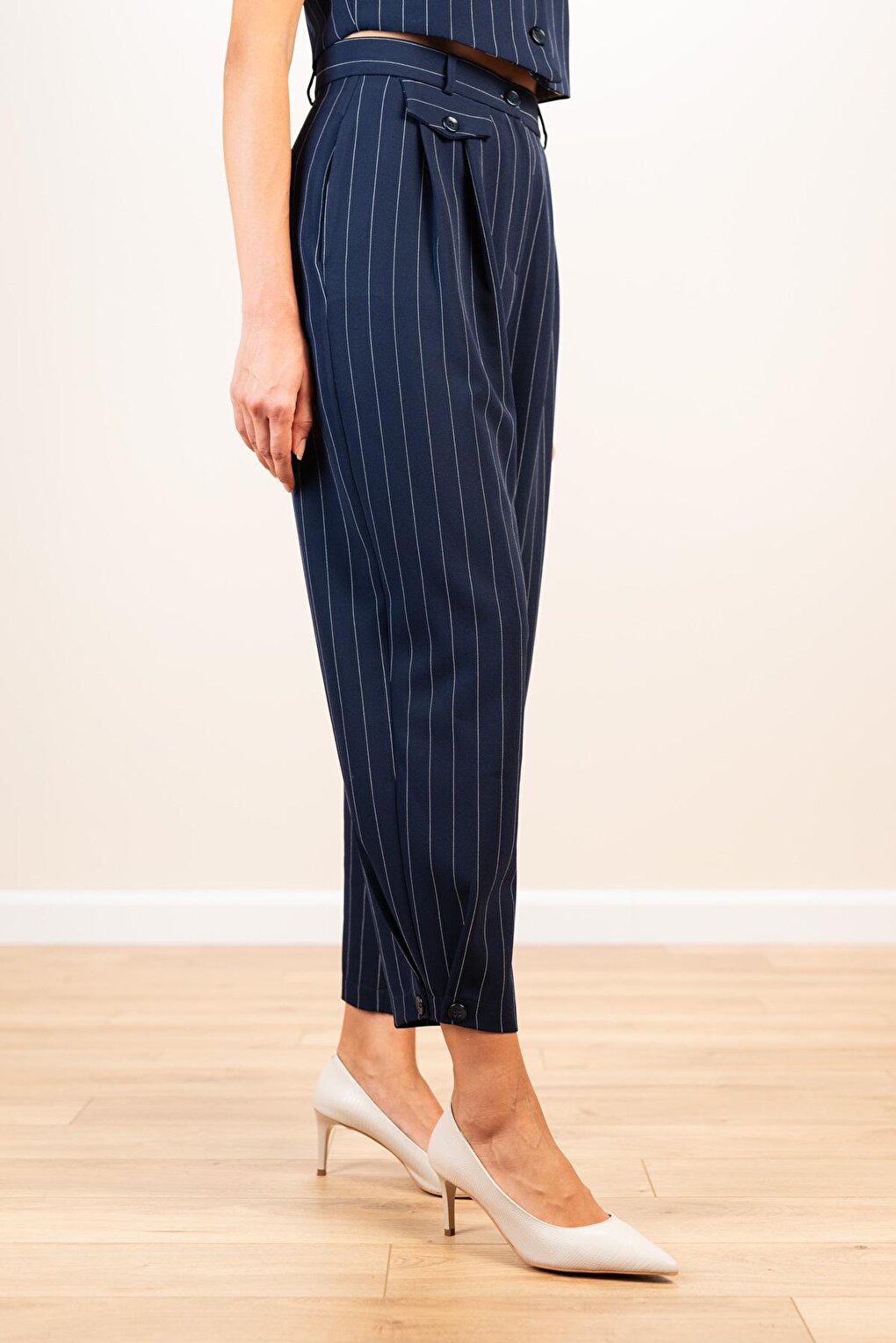 Women's Navy Blue Striped Carrot Leg Detail Trousers