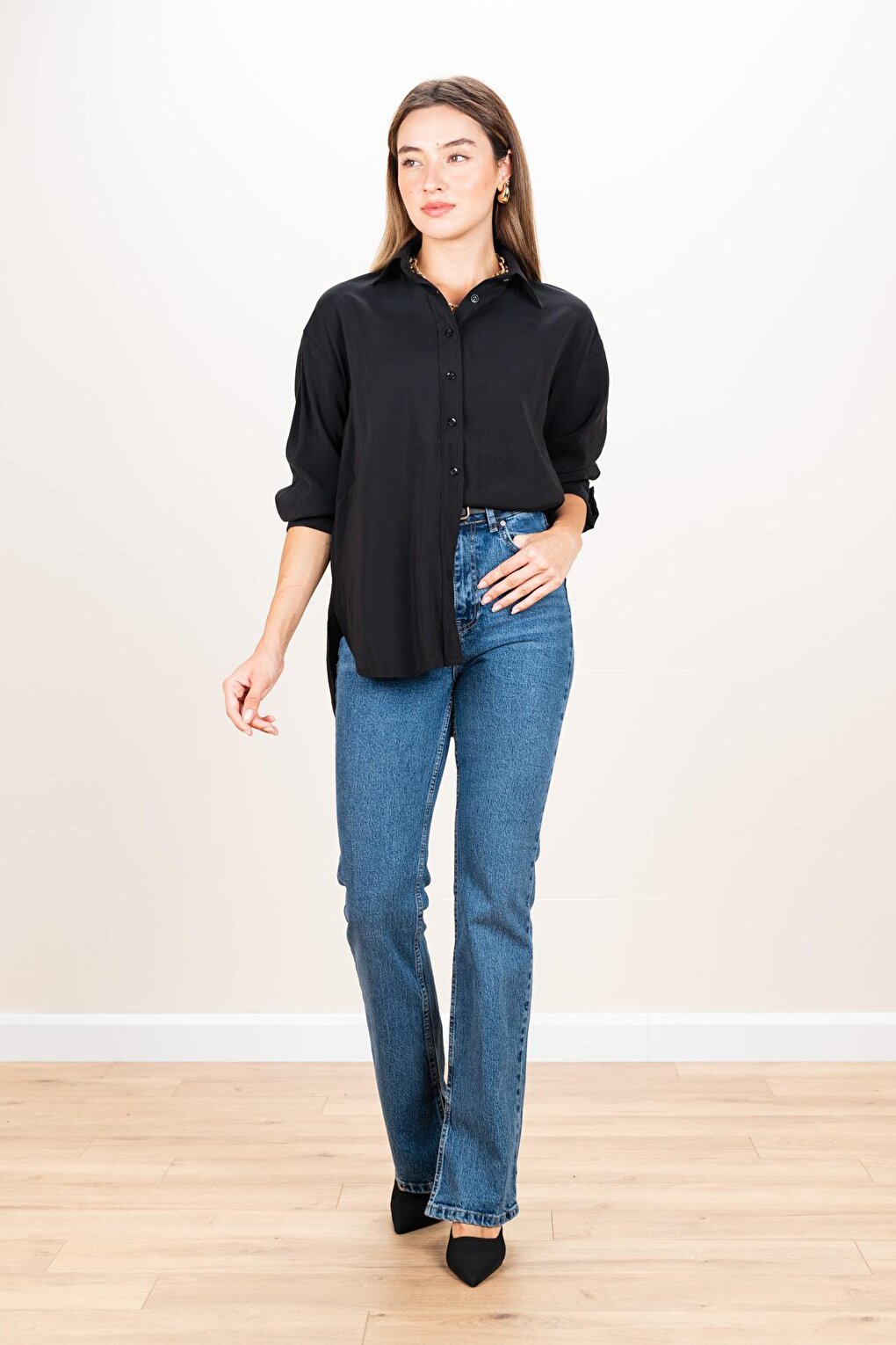 Women's Black Long Back Modal Oversize Shirt