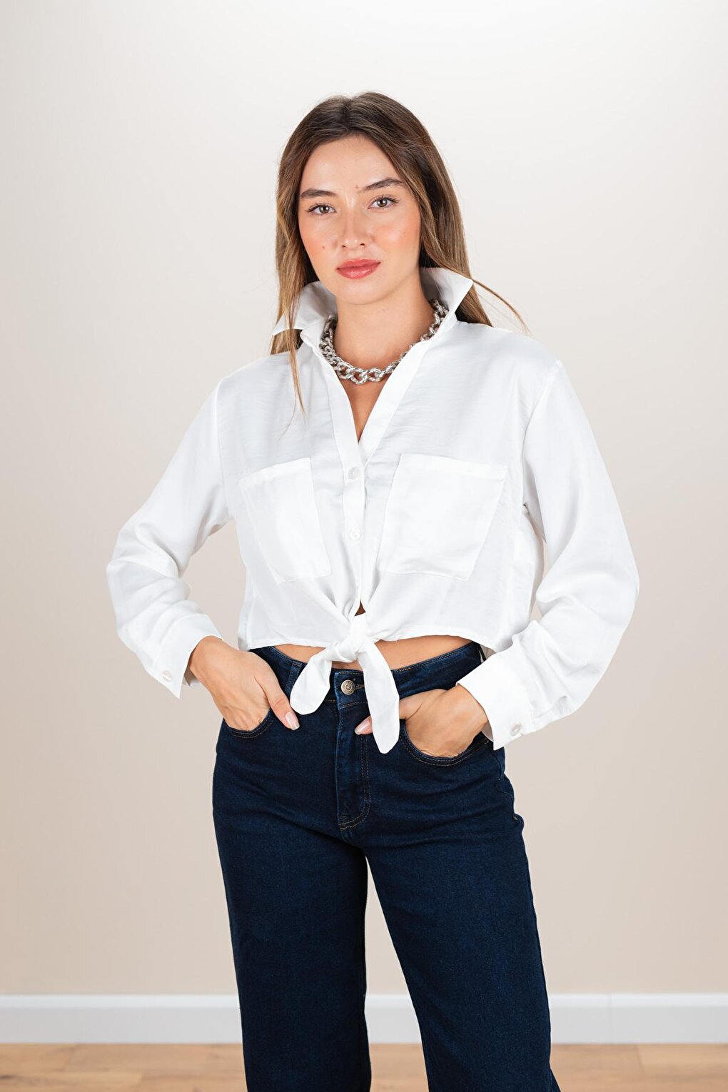 Women's White Bottom Tie Crop Shirt