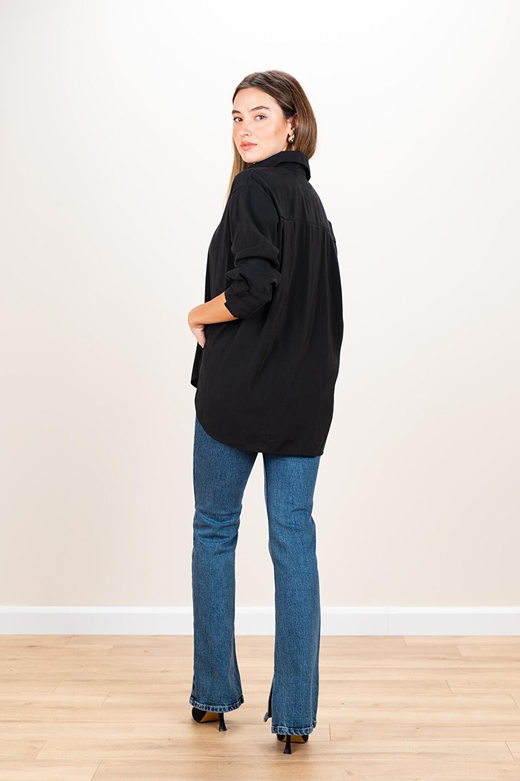 Women's Black Long Back Modal Oversize Shirt