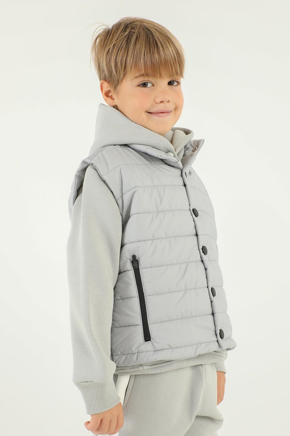 High Collar Button Detailed Double Pocket Boy Puffer Vest