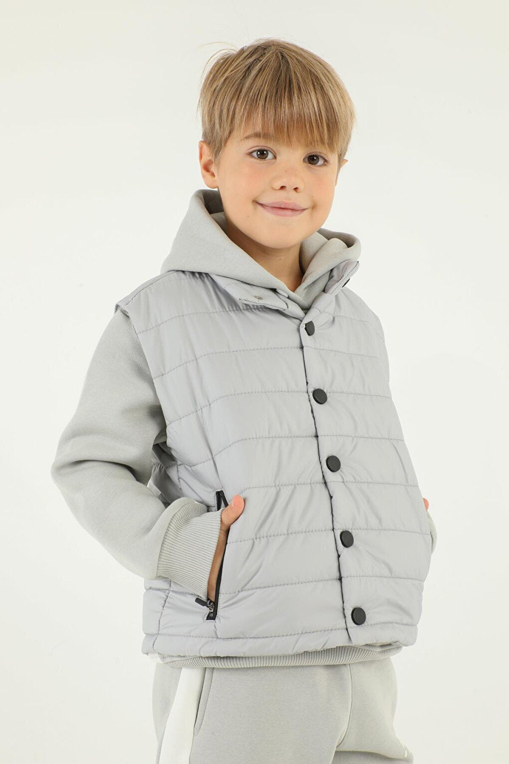 High Collar Button Detailed Double Pocket Boy Puffer Vest