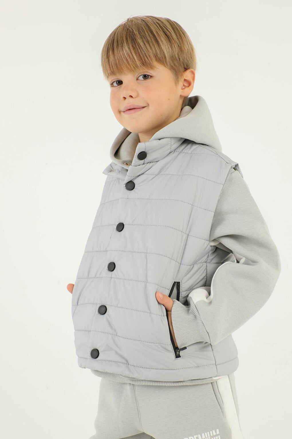 High Collar Button Detailed Double Pocket Boy Puffer Vest