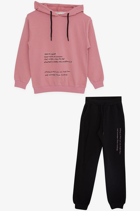 Girl's Tracksuit Set, Stoned Letter Printed, Hooded Rose Dried Rose (Ages 8-12)