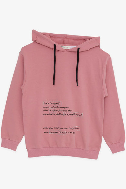 Girl's Tracksuit Set, Stoned Letter Printed, Hooded Rose Dried Rose (Ages 8-12)