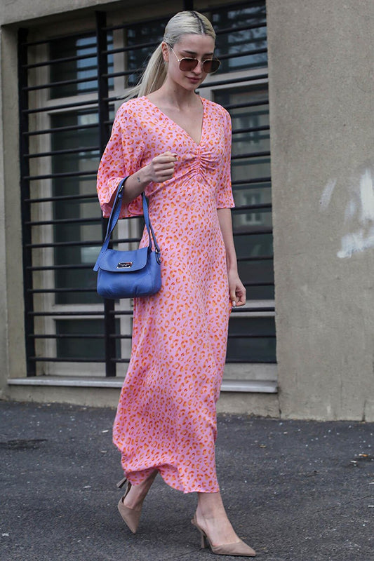 Pink Patterned V-Neck Midi Dress MG1797