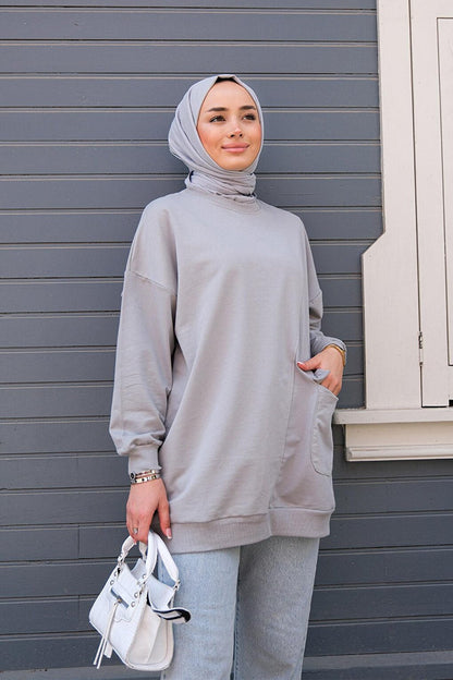 Two Thread Pockets Crest Tunic Gray