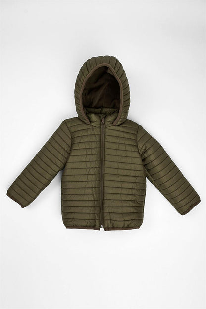 Boy's Khaki Colored Hooded Coat with Fleece Inside