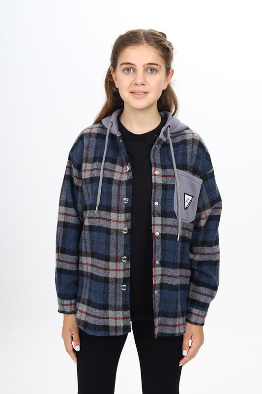 Girl's Garnished Hooded Plaid Shirt 9-14 Years Lx265