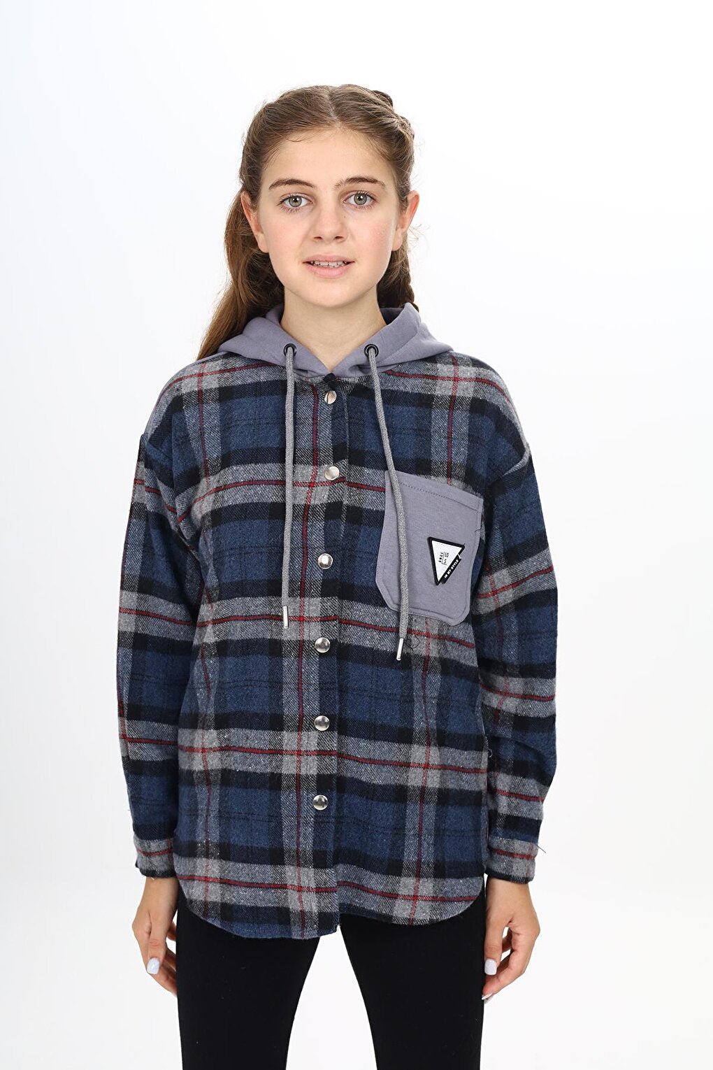 Girl's Garnished Hooded Plaid Shirt 9-14 Years Lx265