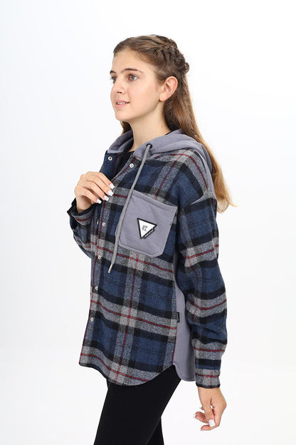 Girl's Garnished Hooded Plaid Shirt 9-14 Years Lx265