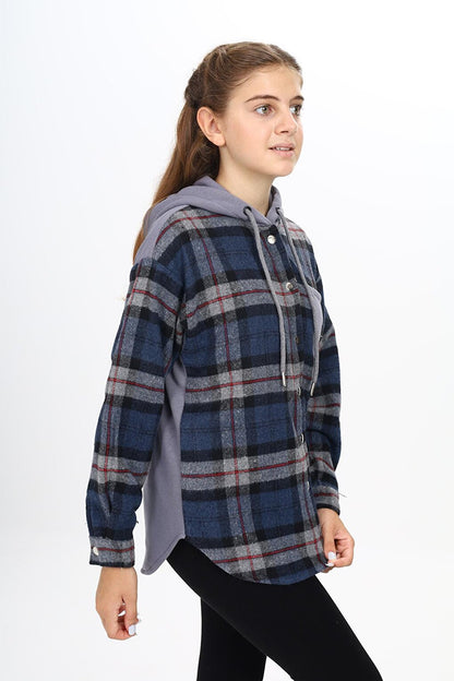 Girl's Garnished Hooded Plaid Shirt 9-14 Years Lx265