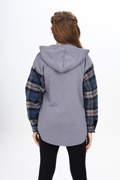 Girl's Garnished Hooded Plaid Shirt 9-14 Years Lx265